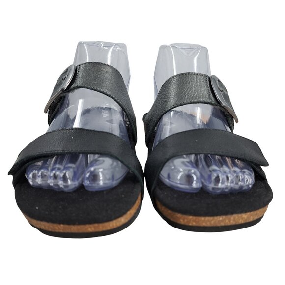 Aetrex Daisy Leather Black Silver Metallic Wedge Sandals Size 36 US 6 Adjustable - Picture 2 of 13